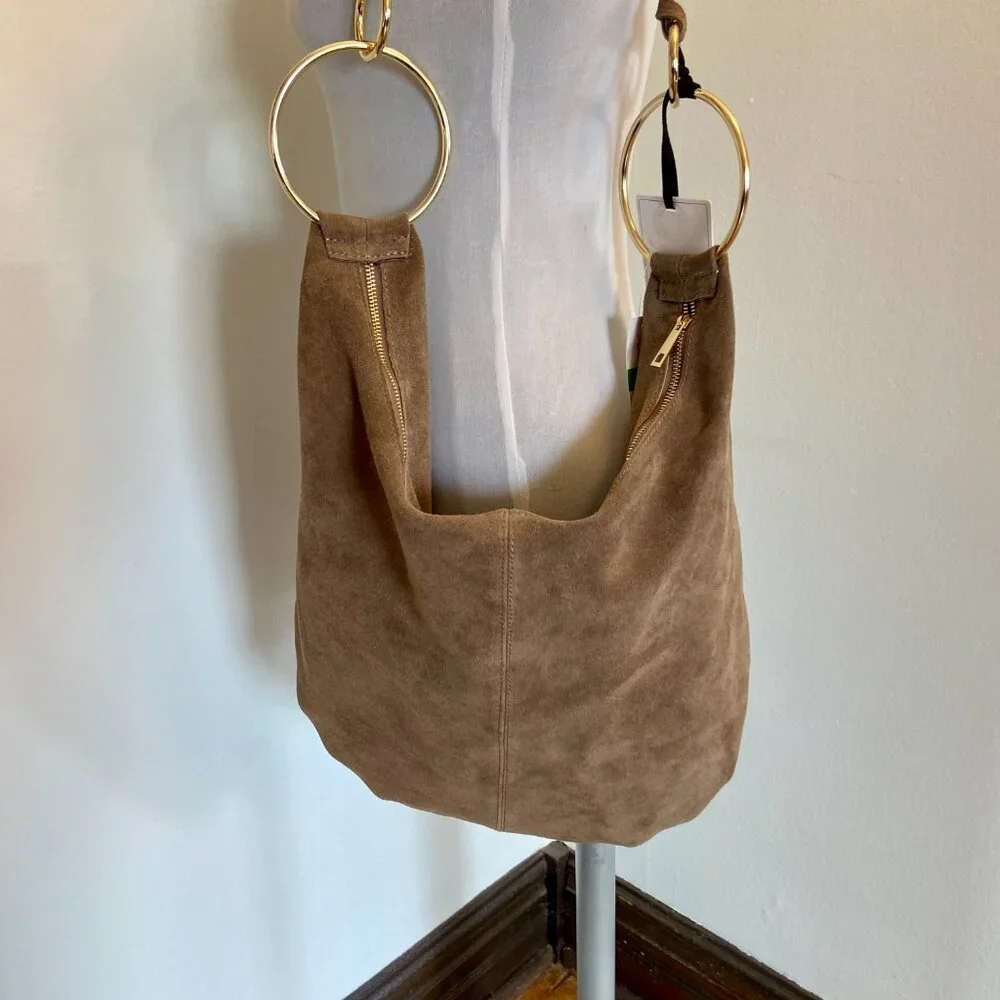 Marlon Borsa Art Rosita Italy Suede Leather Rings Taupe Hobo Tan Slouchy NEW - Picture 5 of 14